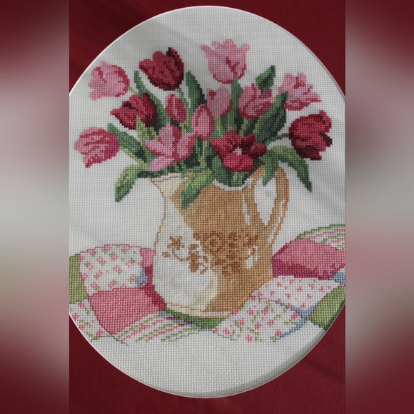 Vintage Spring Floral Cross-Stitch Art in Gold Frame - Picture 3 of 10